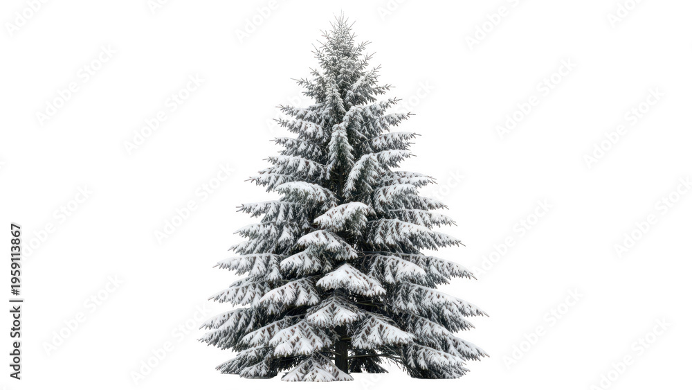 Fototapeta premium Snow-covered evergreen tree on for winter design, transparent PNG