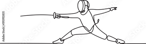 Fencing, hand drawn sport figure drawing with black lines. One line draw graphic design vector
