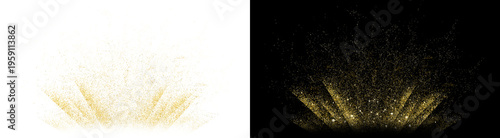 PNG image of A vibrant burst of golden glittering dust particles, forming a radiant, shimmering fan-like effect on transparent background.