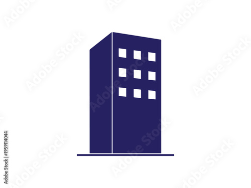 Dark blue isometric icon illustrating a modern, multi-story corporate building with square windows on a plain white backdrop.