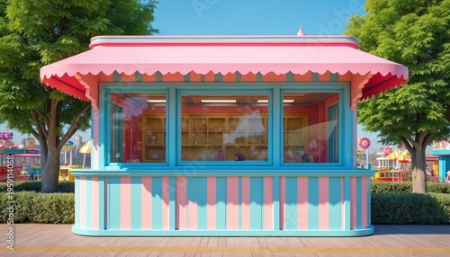 Colorful empty kiosk with pastel striped facade and pink canopy in amusement park. Sunny day bright blue sky cheerful funfair shop with outdoor seating area near trees. Retro vibrant stall.