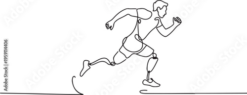 Single continuous line drawing disabled athlete runs on prostheses. Male disability runs. Disabled sportsman with amputated foot. Disabled sport, disability games. One line draw graphic design vector