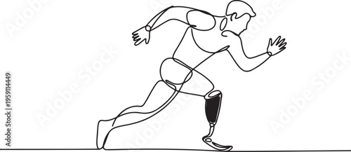 Single continuous line drawing disabled athlete runs on prostheses. Male disability runs. Disabled sportsman with amputated foot. Disabled sport, disability games. One line draw graphic design vector