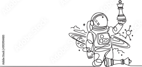 Single one line drawing astronaut holding rook chess piece to beat king chess. Power to rule interplanetary region. Cosmic galaxy space concept. One line draw graphic design vector