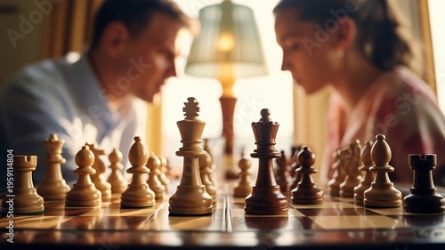 Man and woman playing chess game indoors