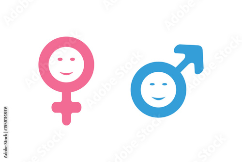 male and female gender icons with smiling faces representing identity, equality, diversity, and social connection. Ideal for education, healthcare, awareness campaigns, and modern flat design concepts
