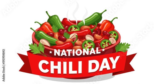 National Chili Day Celebration: Hearty Bowl of Chili with Peppers, Beans, and Garnish