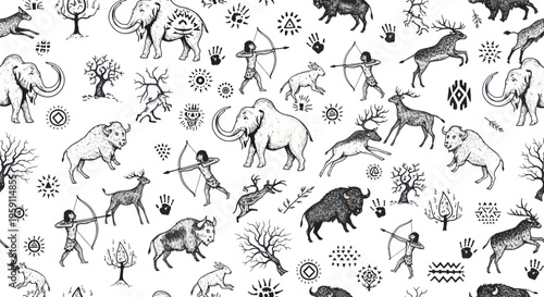 Prehistoric Wildlife and Hunter Pattern: Mammoth, Bison, Deer, Caveman with Bow and Arrow