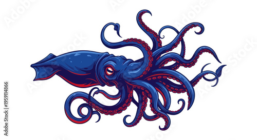 Blue Kraken Squid with Tentacles, Isolated on White Background