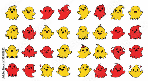 Cute cartoon ghost characters, yellow and red, with different emotions and actions.
