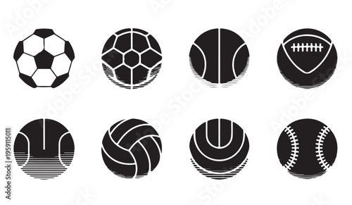 Set of eight black sport balls silhouettes with lines for web design team games competition