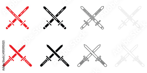 Crossed sword icon vector set, pirate saber scimitar sword saber weapon icon vector, silhouette and line art illustration