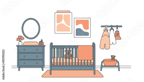A baby nursery with a crib and changing table illustration