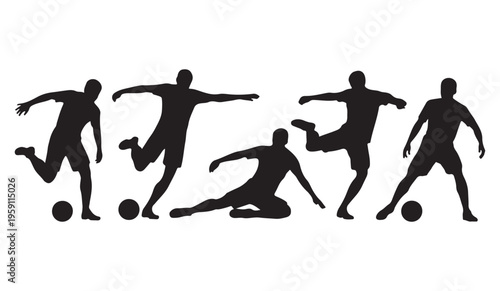 Soccer players in action silhouettes kicking and dribbling balls on white background
