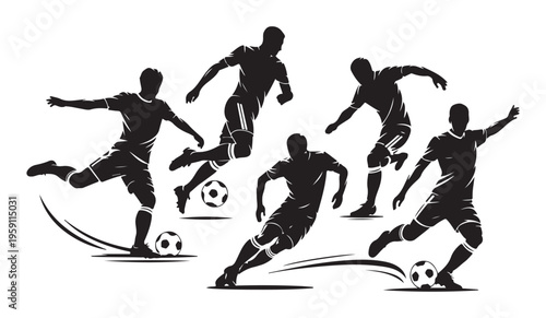 Soccer players silhouettes performing different moves with soccer balls on white background