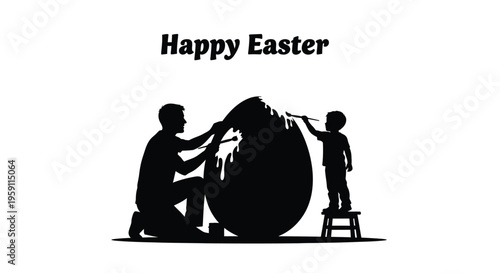 Happy Easter vector illustration depicting a father and son joyfully painting a giant decorative egg together, celebrating the holiday with creativity and family bonding.