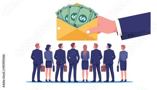 Businessman giving money to employees in a line illustration