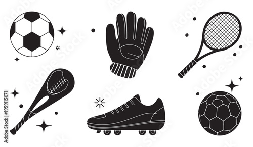 Sporting equipment collection with football soccer ball glove tennis racket and athletic footwear