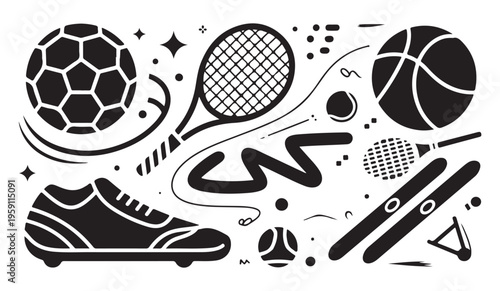 Abstract sports doodle set featuring basketball soccer ball tennis racket and winter skiing gear