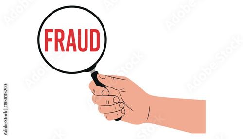A hand holding a magnifying glass with the word fraud