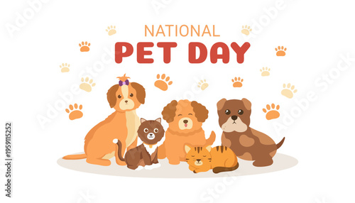 A colorful illustration of pets celebrating National Pet Day together