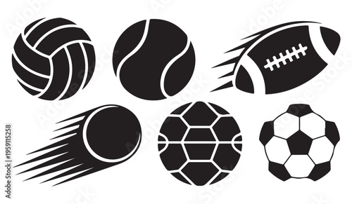 Dynamic sports balls in motion, soccer, tennis, rugby, volleyball icons vector