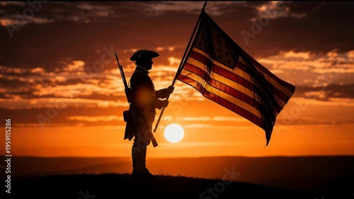 Silhouette of a Revolutionary War soldier holding an American flag at sunset with dramatic sky