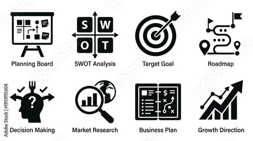 Business Planning Vector Illustration – Boards, SWOT Analysis, Goals, Roadmaps, Decisions, Market Research, Plans, and Growth Icons in Black Silhouette for Corporate Strategy Projects