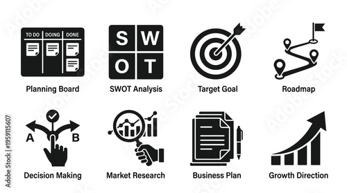 Business Planning Vector Illustration – Boards, SWOT Analysis, Goals, Roadmaps, Decisions, Market Research, Plans, and Growth Icons in Black Silhouette for Corporate Strategy Projects