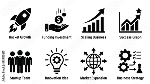 Business Growth Vector Illustration – Rocket Launch, Funding, Scaling, Success Graphs, Startup Teams, Innovation Ideas, Market Expansion, and Strategy Icons in Black Silhouette for Corporate Projects