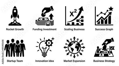 Business Growth Vector Illustration – Rocket Launch, Funding, Scaling, Success Graphs, Startup Teams, Innovation Ideas, Market Expansion, and Strategy Icons in Black Silhouette for Corporate Projects