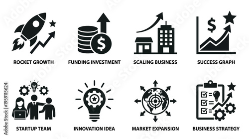 Business Growth Vector Illustration – Rocket Launch, Funding, Scaling, Success Graphs, Startup Teams, Innovation Ideas, Market Expansion, and Strategy Icons in Black Silhouette for Corporate Projects
