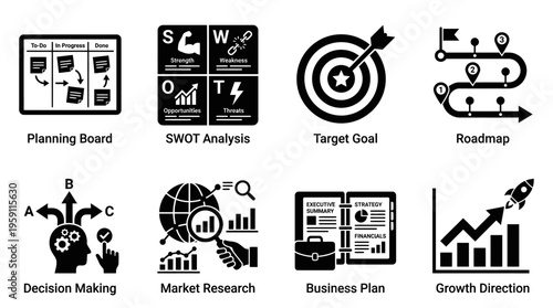Business Planning Vector Illustration – Boards, SWOT Analysis, Goals, Roadmaps, Decisions, Market Research, Plans, and Growth Icons in Black Silhouette for Corporate Strategy Projects