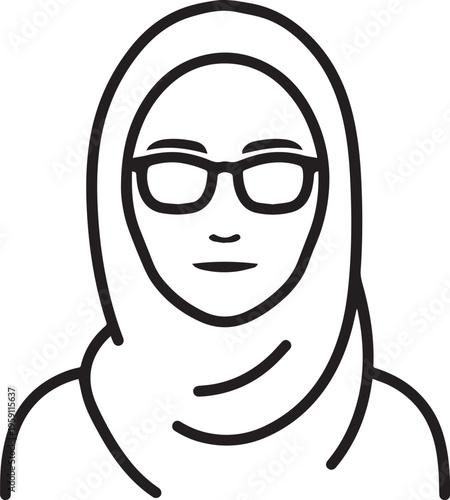 Hand Drawn Woman Wearing Hijab Black and White Avatar Illustration in Minimal Solid Art Style Design