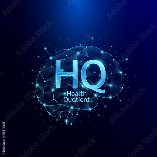 HQ Health Quotient symbol in brain human. Style polygon glowing blue on a dark background. Intelligence balance of child. Leadership development growth concept. Vector.