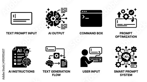 Artificial Intelligence Vector Illustration – Prompts, AI Outputs, Optimization, Instructions, User Input, Smart Systems, and Text Generation Flow Icons in Black Silhouette for Digital Projects