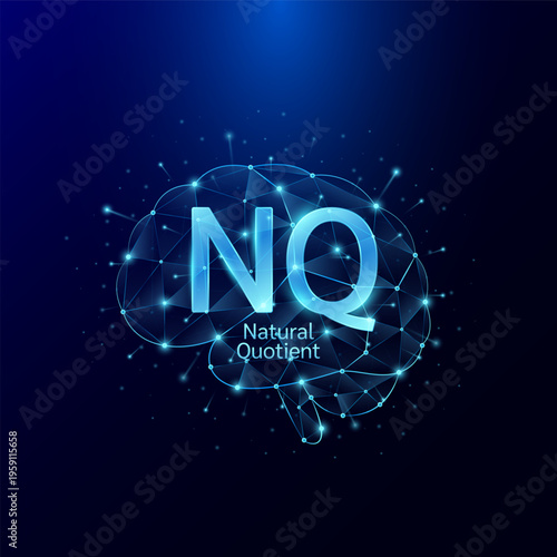 NQ Natural Quotient symbol in brain human. Style polygon glowing blue on a dark background. Intelligence balance of child. Leadership development growth concept. Vector.