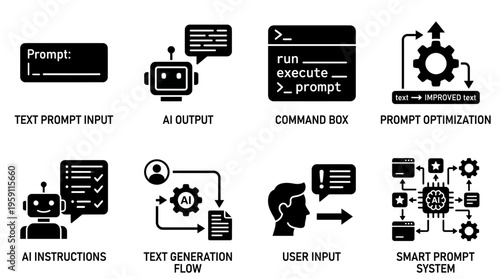 Artificial Intelligence Vector Illustration – Prompts, AI Outputs, Optimization, Instructions, User Input, Smart Systems, and Text Generation Flow Icons in Black Silhouette for Digital Projects
