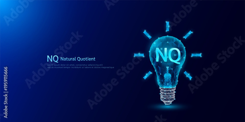 NQ Natural Quotient symbol in light bulb style polygon glowing blue on a dark background. Emotional intelligence balance of child brain. Leadership development growth concept. Vector.