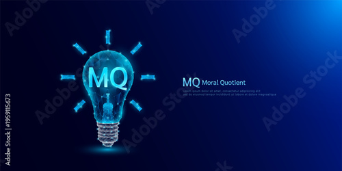 MQ Moral Quotient symbol in light bulb style polygon glowing blue on a dark background. Emotional intelligence balance of child brain. Leadership development growth concept. Vector.