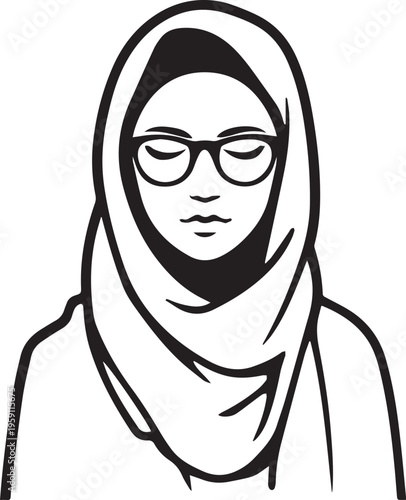 Hand Drawn Woman Wearing Hijab Black and White Avatar Illustration in Minimal Solid Art Style Design