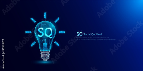 SQ Social Quotient symbol in light bulb style polygon glowing blue on a dark background. Emotional intelligence balance of child brain. Leadership development growth concept. Vector.