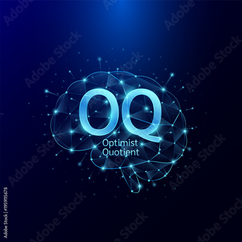 OQ Optimist Quotient symbol in brain human. Style polygon glowing blue on a dark background. Intelligence balance of child. Leadership development growth concept. Vector.
