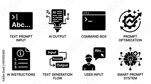 Artificial Intelligence Vector Illustration – Prompts, AI Outputs, Optimization, Instructions, User Input, Smart Systems, and Text Generation Flow Icons in Black Silhouette for Digital Projects