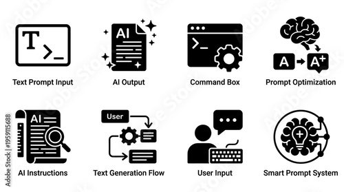Artificial Intelligence Vector Illustration – Prompts, AI Outputs, Optimization, Instructions, User Input, Smart Systems, and Text Generation Flow Icons in Black Silhouette for Digital Projects