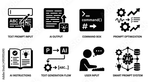 Artificial Intelligence Vector Illustration – Prompts, AI Outputs, Optimization, Instructions, User Input, Smart Systems, and Text Generation Flow Icons in Black Silhouette for Digital Projects