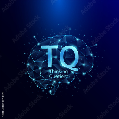 TQ Thinking Quotient symbol in brain human. Style polygon glowing blue on a dark background. Intelligence balance of child. Leadership development growth concept. Vector.