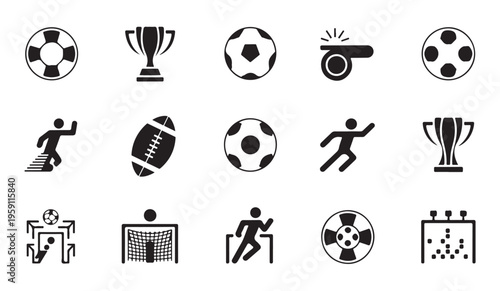Collection of flat sport icons like soccer ball, football, trophy and referee whistle