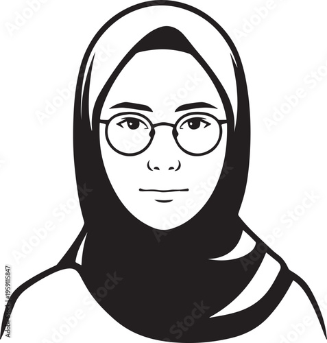 Hand Drawn Woman Wearing Hijab Black and White Avatar Illustration in Minimal Solid Art Style Design