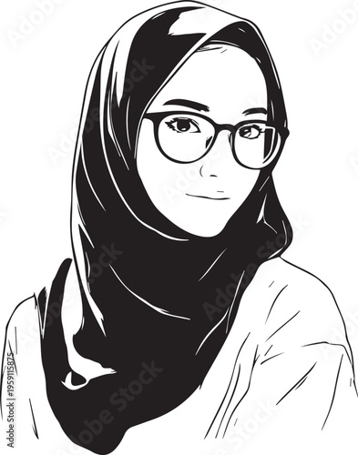 Hand Drawn Woman Wearing Hijab Black and White Avatar Illustration in Minimal Solid Art Style Design